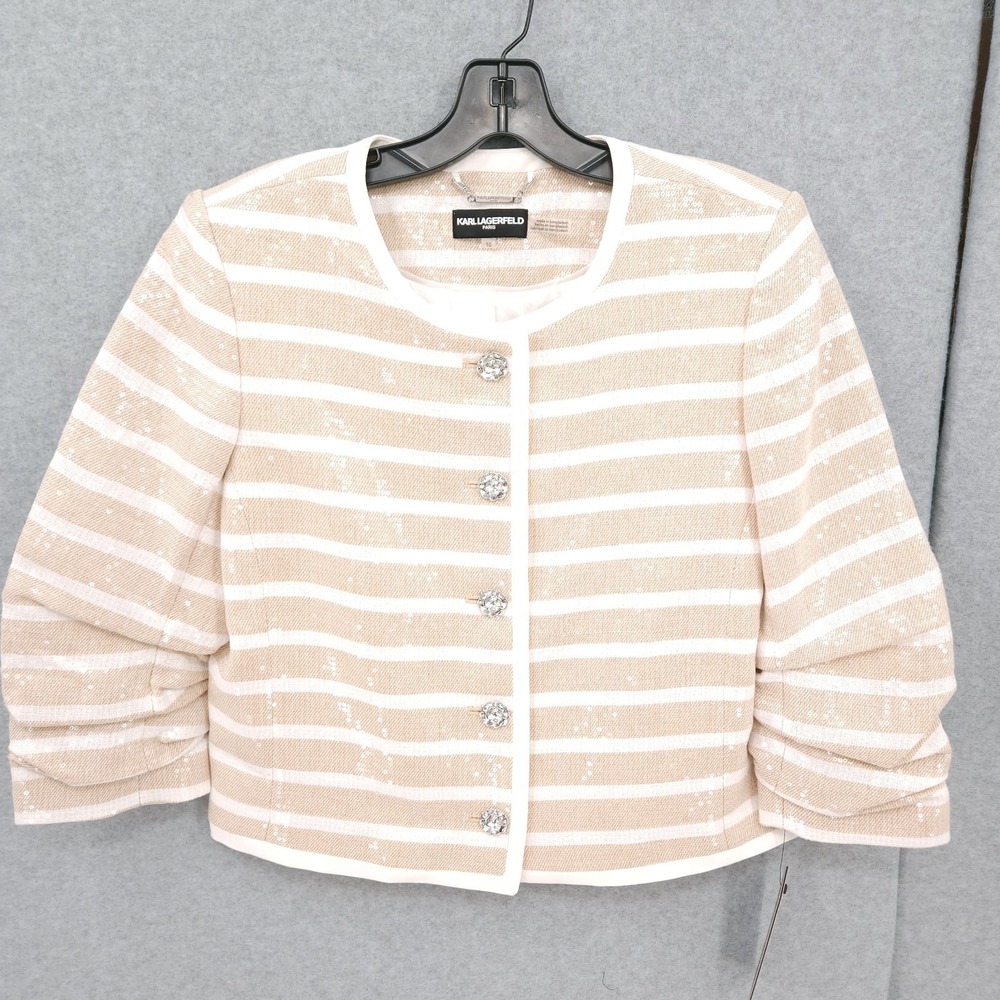 Karl Lagerfeld Paris Sequinned Striped Button Up Jacket Womens Size 10 NWT